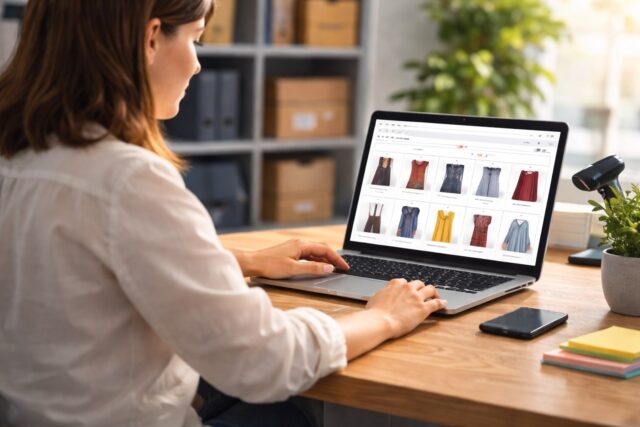 Дівчина обирає одяг онлайн на ноутбуці за робочим столом у світлому домашньому офісі.